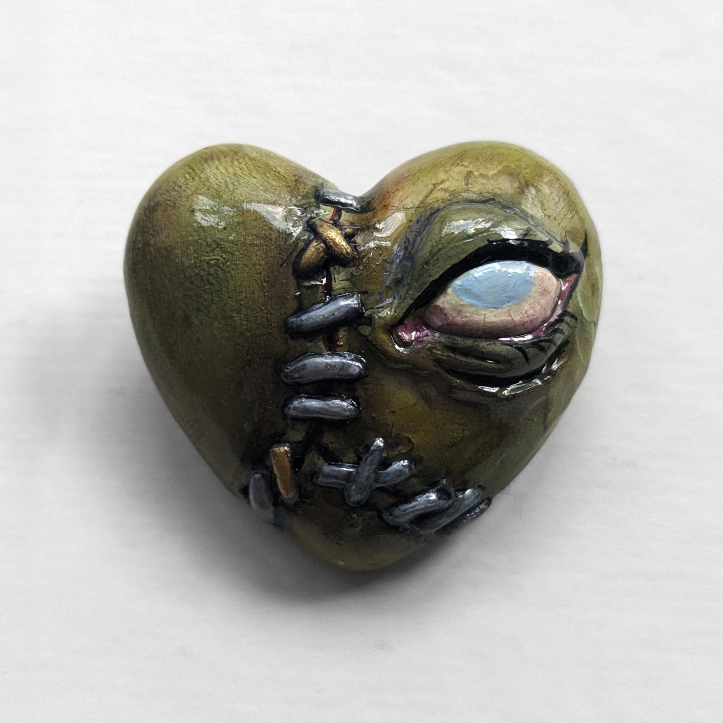 Green Stitched Heart brooch | Handmade horror pin in creepy frankenstein style - multiple colours (MADE TO ORDER)