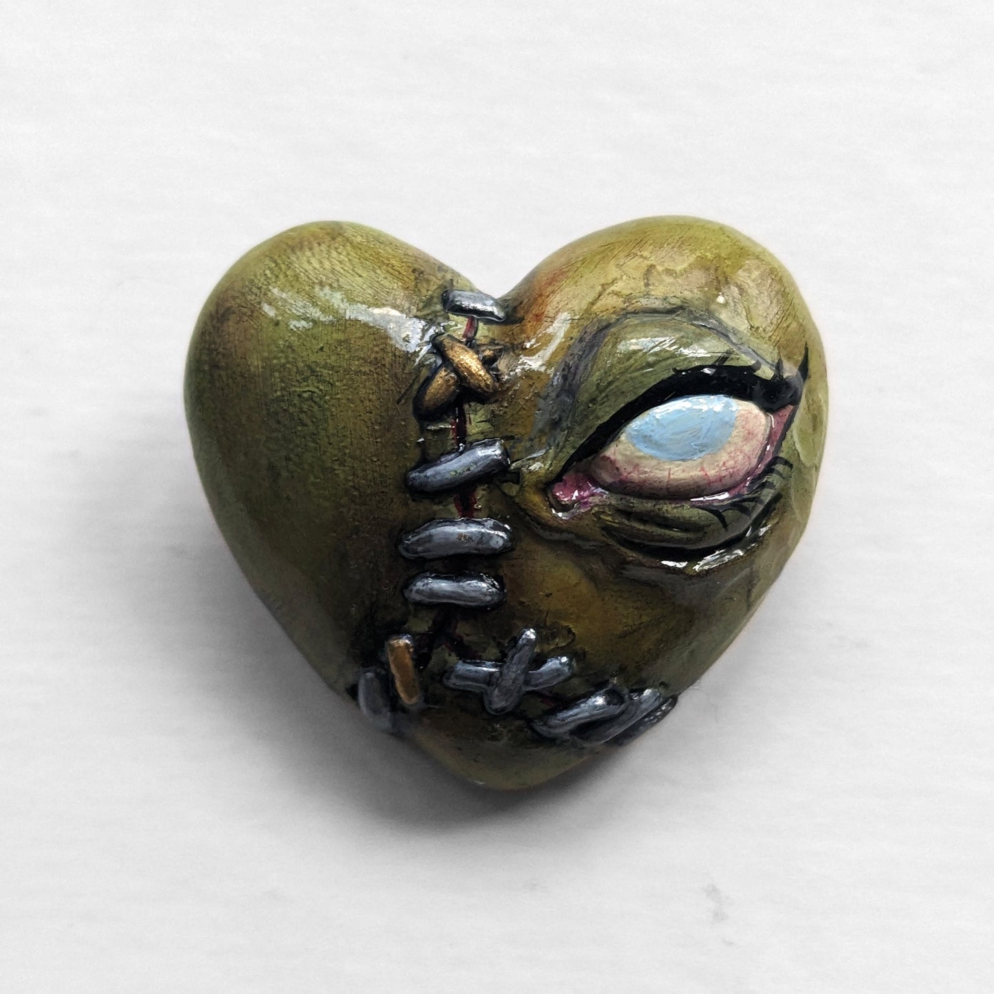 Green Stitched Heart brooch | Handmade horror pin in creepy frankenstein style - multiple colours (MADE TO ORDER)