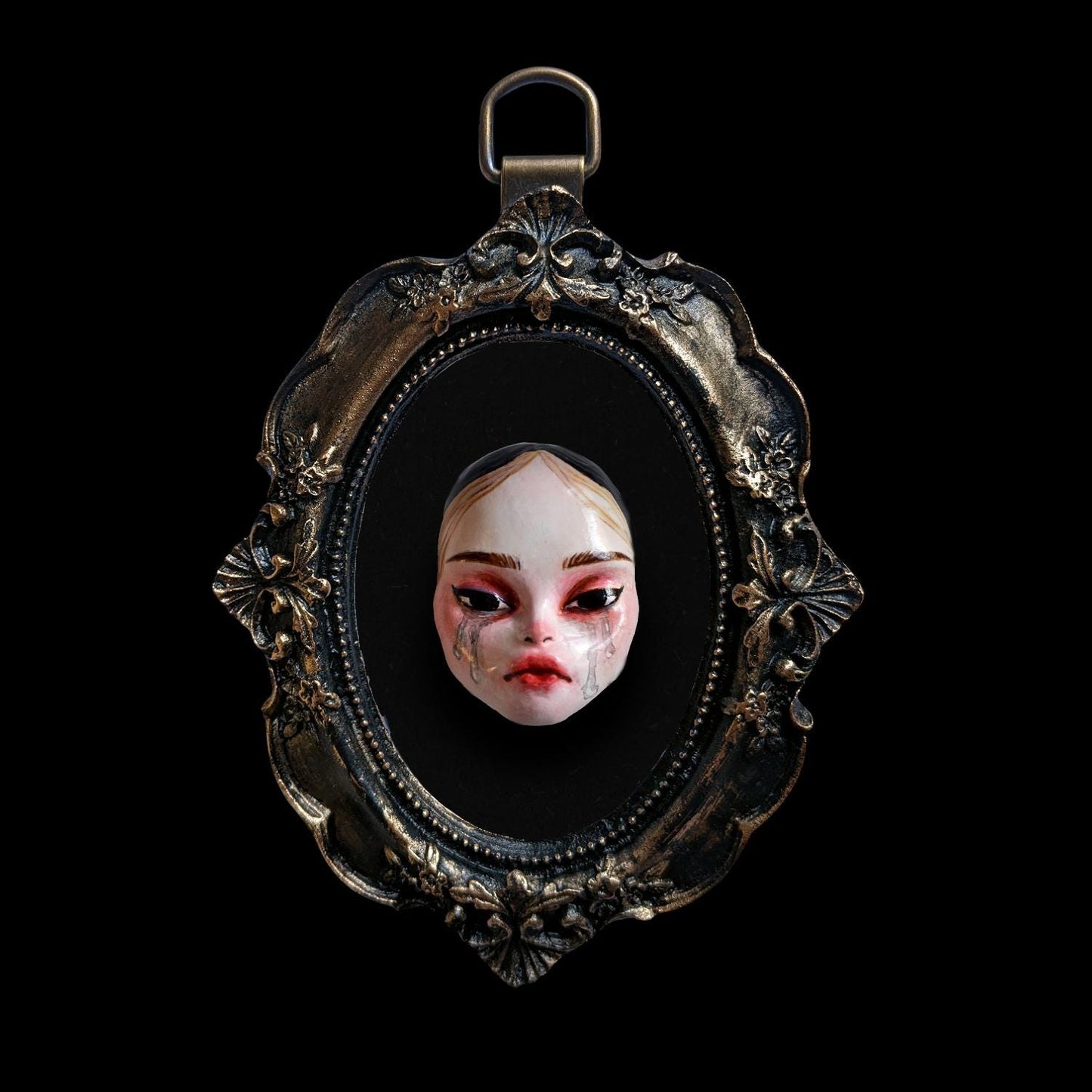 Grief | Handmade wall hanging in frame - Clay sculpture featuring crying banshee character doll face (MADE TO ORDER)