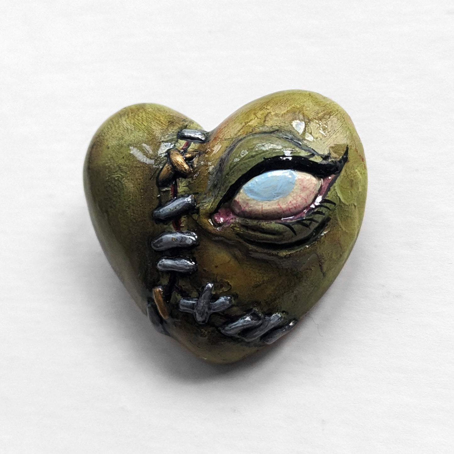 Green Stitched Heart brooch | Handmade horror pin in creepy frankenstein style - multiple colours (MADE TO ORDER)