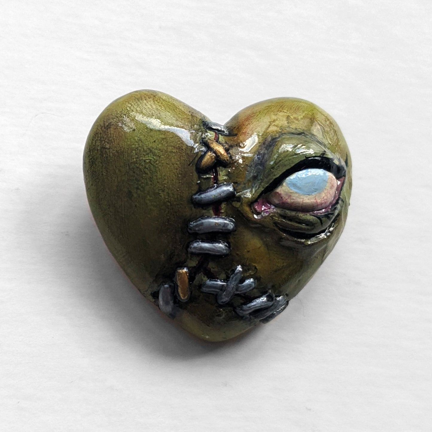 Green Stitched Heart brooch | Handmade horror pin in creepy frankenstein style - multiple colours (MADE TO ORDER)