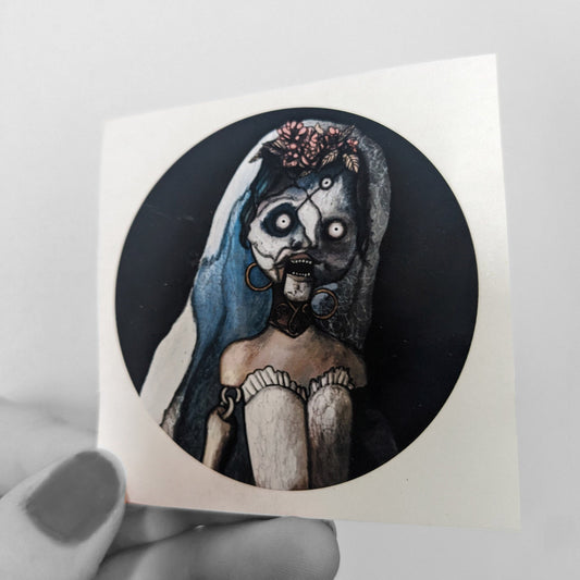 Angie | Glossy Paper Stickers of original painting - video game inspired creepy possessed doll cosplay photo as a print