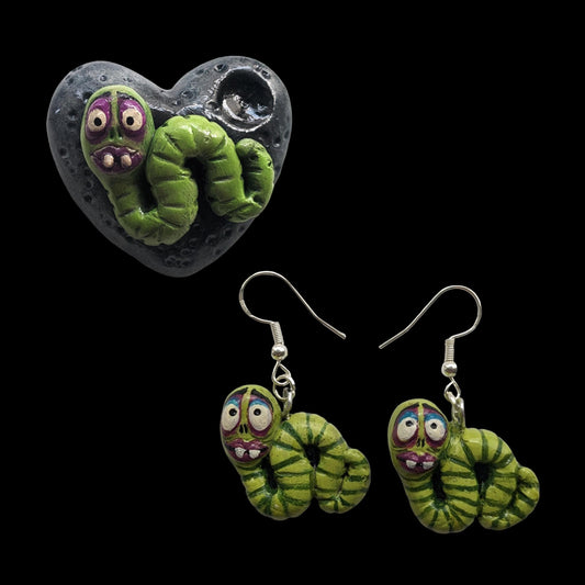 Maggot brooch or earrings | Handmade clay jewellery inspired by movie in creepy style | christmas gift for tim burton fan (MADE TO ORDER)